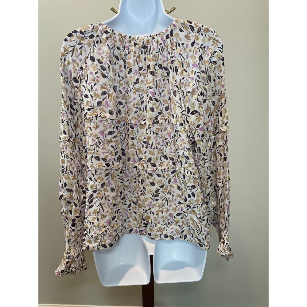 Ann Taylor Loose Fit Top Cream w/ Neutral Floral Design & Lavender/Gold Accents - Picture 2 of 7